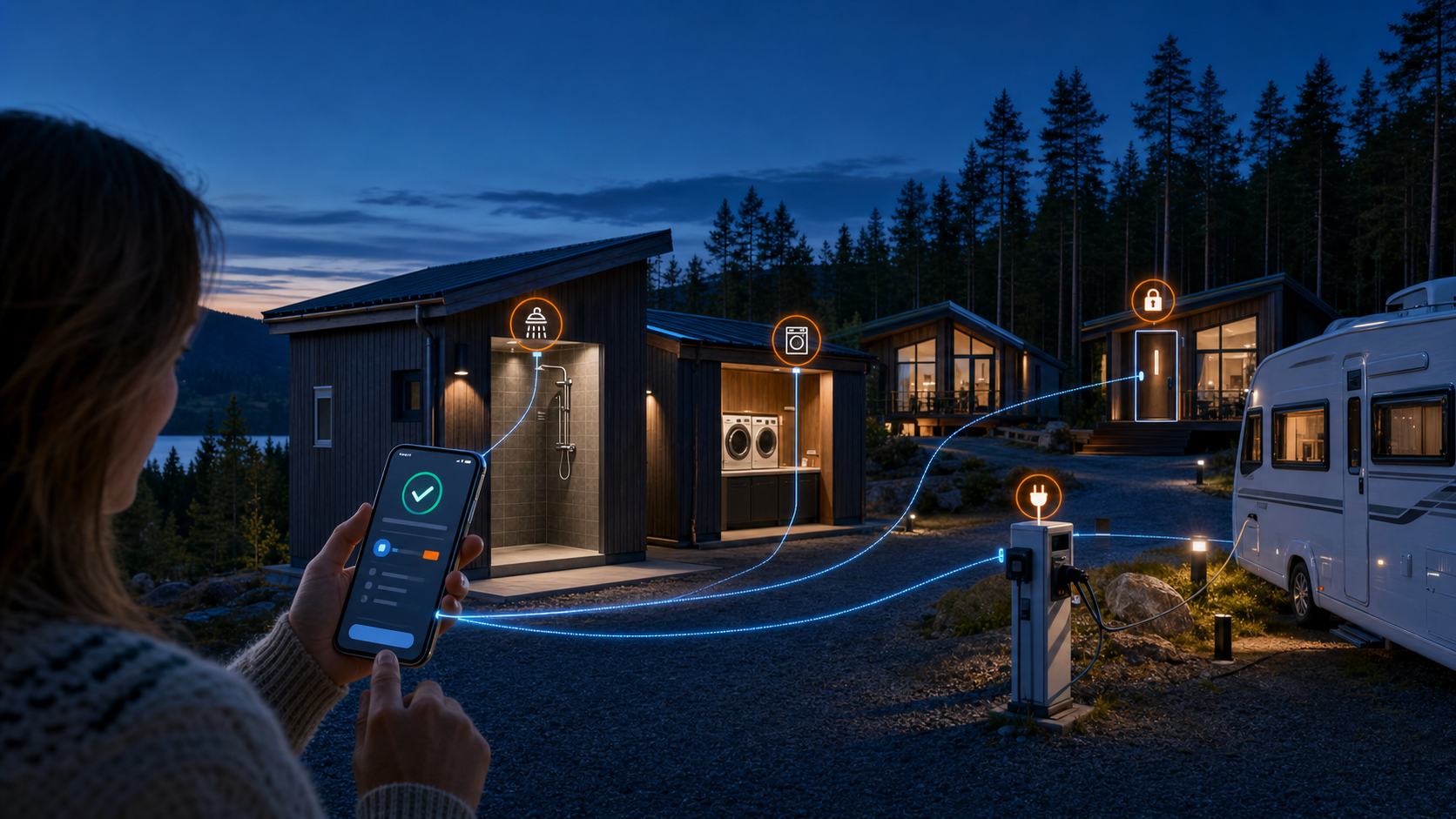 Tilkoblet campingplass med appstyrte dusjer, vaskeri, plass-strøm og hyttetilgang