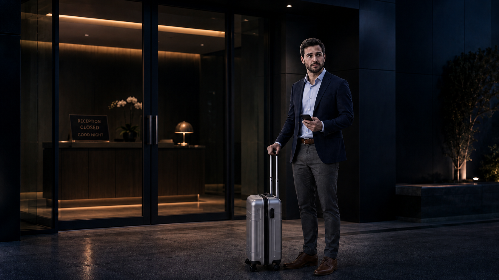 Nico ankommer sent etter en forsinket flyreise. Resepsjonen er stengt, men han trenger fortsatt en enkel vei inn—uten venting, nøkkelkort eller ekstra innsjekkingsarbeid.
